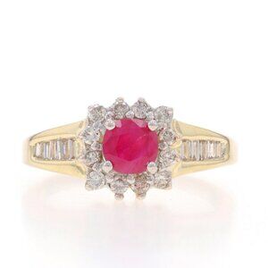 Yellow Gold Ruby Diamond Halo Ring - 14k Round .99ctw